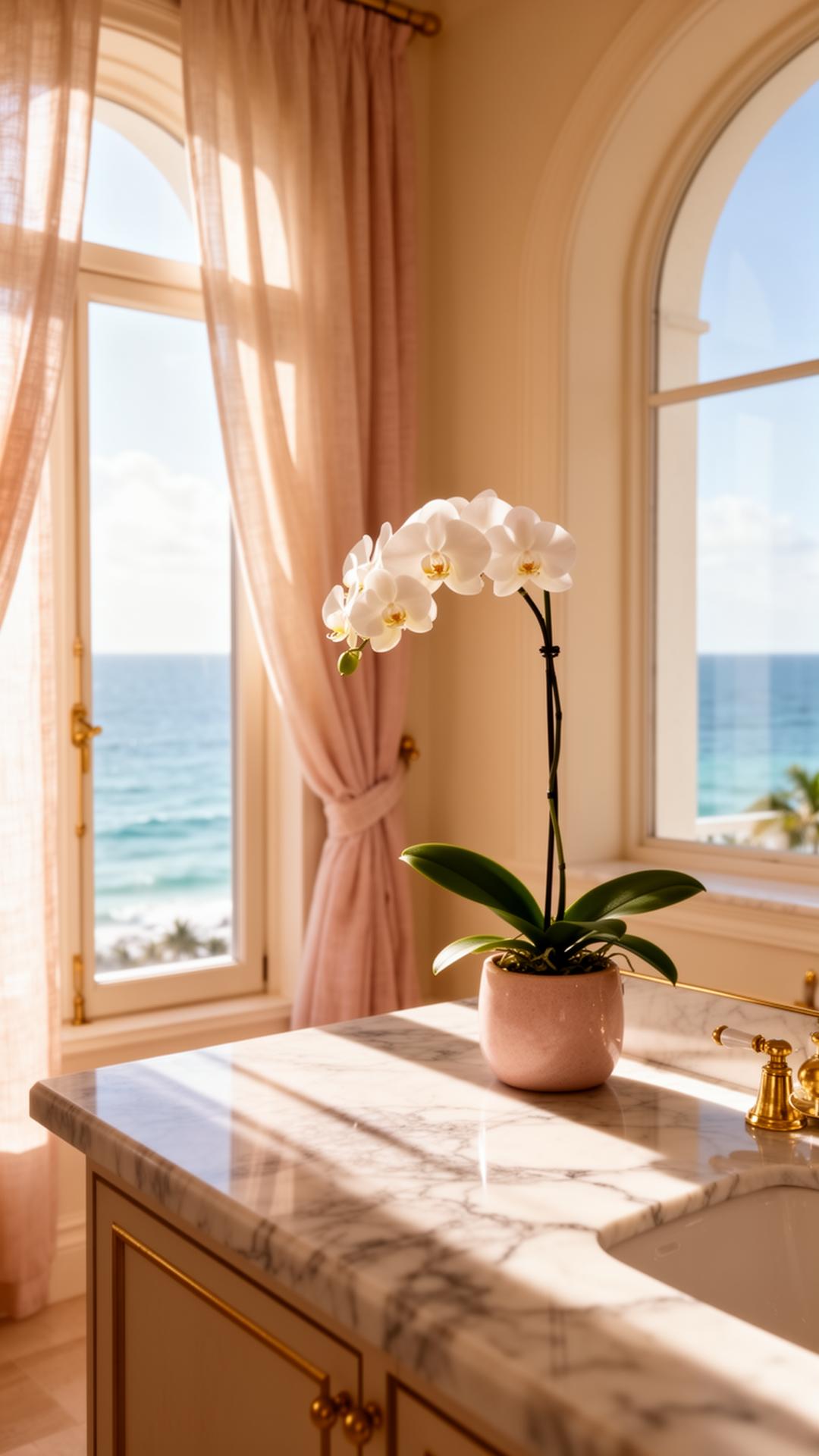 Sunlit marble vanity with a single white orchid overlooking the South Beach ocean