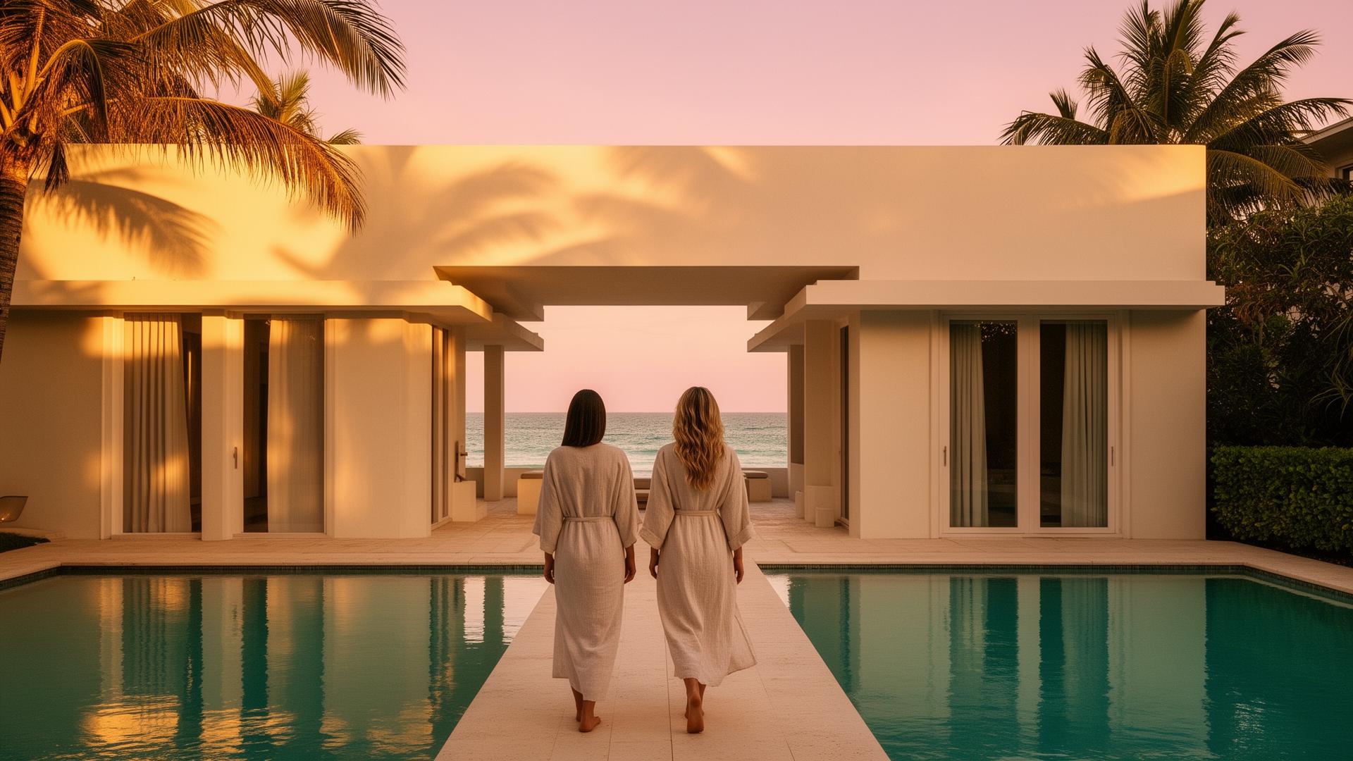 Two women in linen robes walking poolside at a beach villa at golden hour
